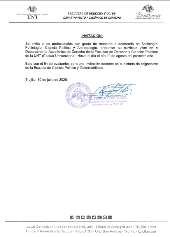 Invitación docente en el dictado de asinaturas de Escuela de Ciencia Política y Gobernabilidad